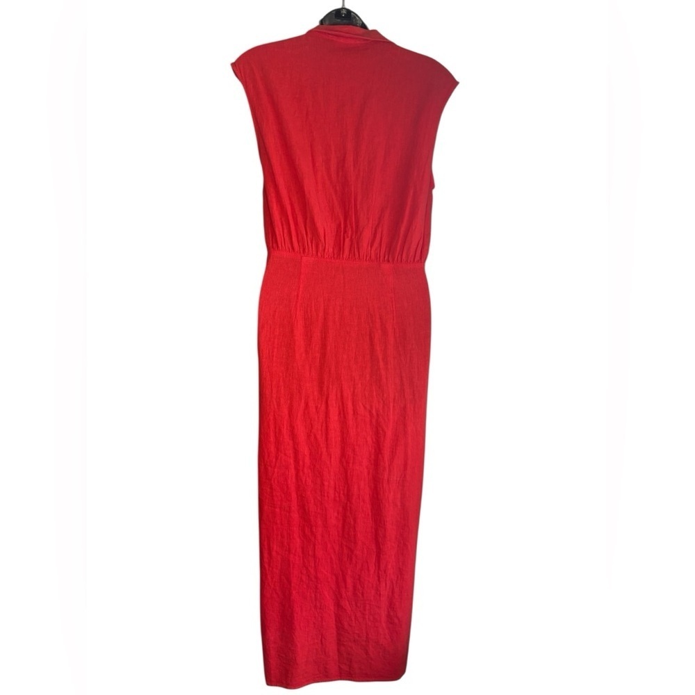 Zara cherry red sleeveless front button ruched linen blend midi dress sz M - Picture 14 of 15